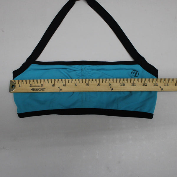 Zumba Sz M Aqua Blue Black Trim Adjustable Gathered Front Bra Active Wear Top