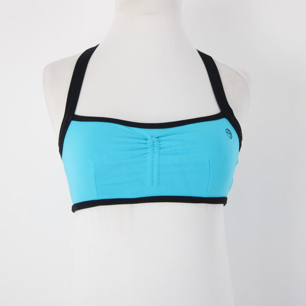Zumba Sz M Aqua Blue Black Trim Adjustable Gathered Front Bra Active Wear Top