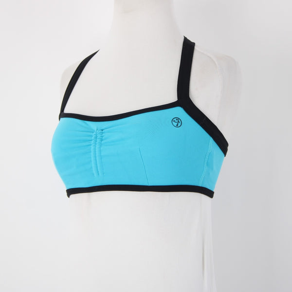 Zumba Sz M Aqua Blue Black Trim Adjustable Gathered Front Bra Active Wear Top