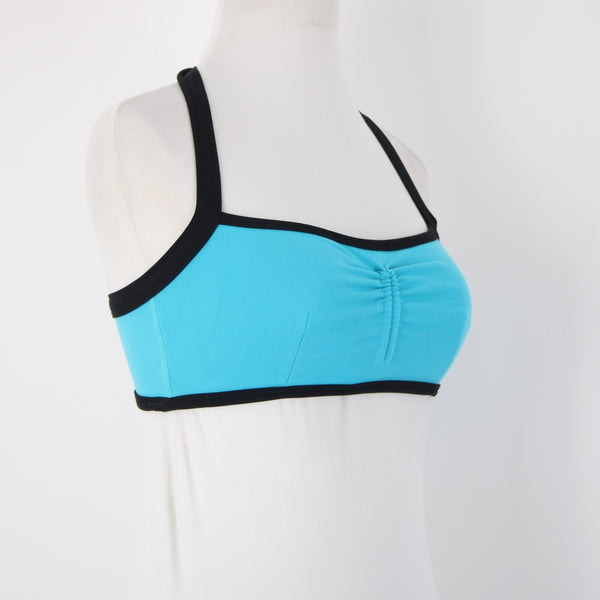 Zumba Sz M Aqua Blue Black Trim Adjustable Gathered Front Bra Active Wear Top