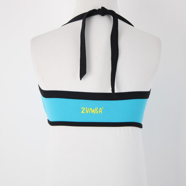 Zumba Sz M Aqua Blue Black Trim Adjustable Gathered Front Bra Active Wear Top