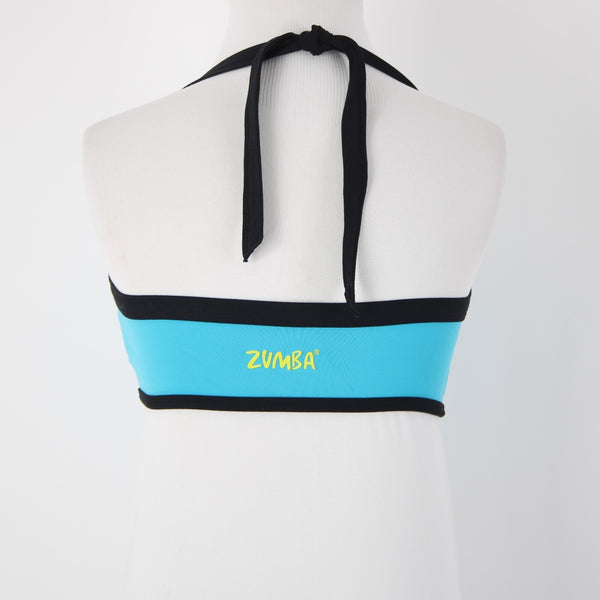 Zumba Sz M Aqua Blue Black Trim Adjustable Gathered Front Bra Active Wear Top