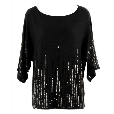 White House Black Market Sz XS Black on Black Sequin Rayon Nylon Sweater