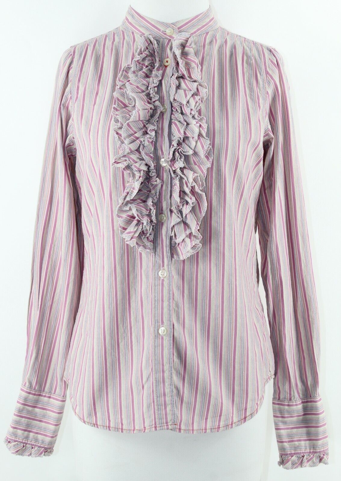 7 For All Mankind Sz M Multi Stripe Ruffle Buttoned Cotton Blend Shirt Top