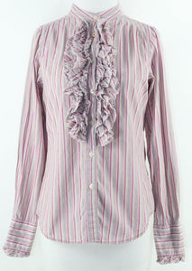 7 For All Mankind Sz M Multi Stripe Ruffle Buttoned Cotton Blend Shirt Top