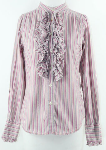 7 For All Mankind Sz M Multi Stripe Ruffle Buttoned Cotton Blend Shirt Top