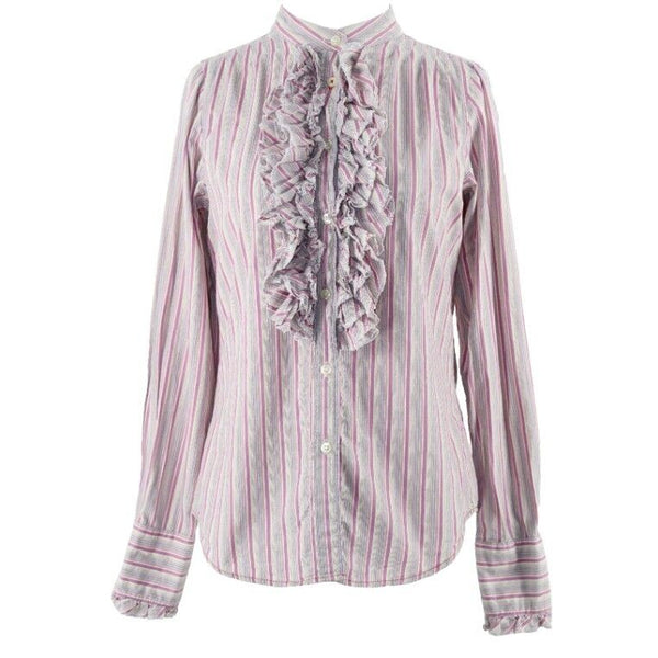 7 For All Mankind Sz M Multi Stripe Ruffle Buttoned Cotton Blend Shirt Top