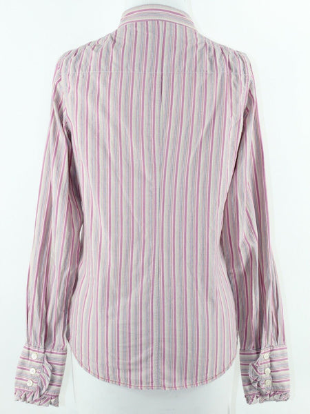 7 For All Mankind Sz M Multi Stripe Ruffle Buttoned Cotton Blend Shirt Top
