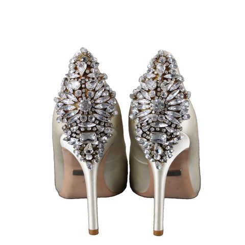 Badgley Mischka Sz 9 Cream Silver Rhinestones Heels MM w Leather Sole 4" Heel