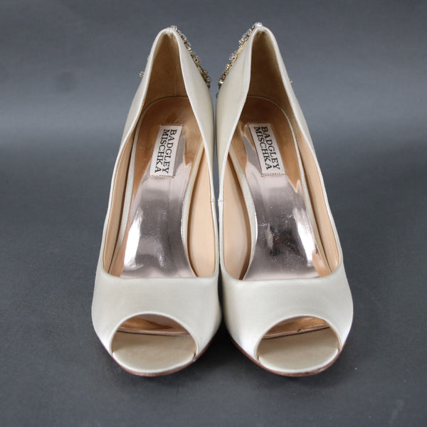 Badgley Mischka Sz 9 Cream Silver Rhinestones Heels MM w Leather Sole 4" Heel