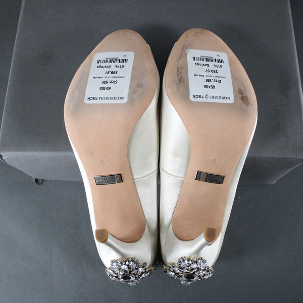 Badgley Mischka Sz 9 Cream Silver Rhinestones Heels MM w Leather Sole 4" Heel