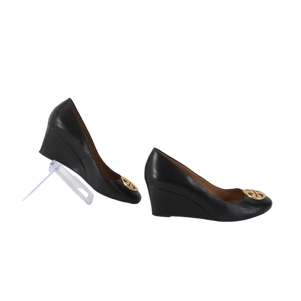 Tory Burch Wedge Heels Sz 8 Black Gold Hardware Leather 2.5 Wedge Logo Heels