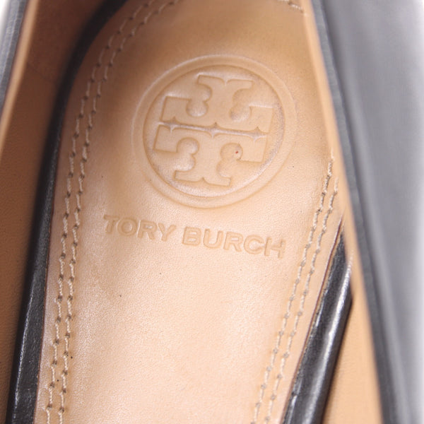 Tory Burch Wedge Heels Sz 8 Black Gold Hardware Leather 2.5 Wedge Logo Heels