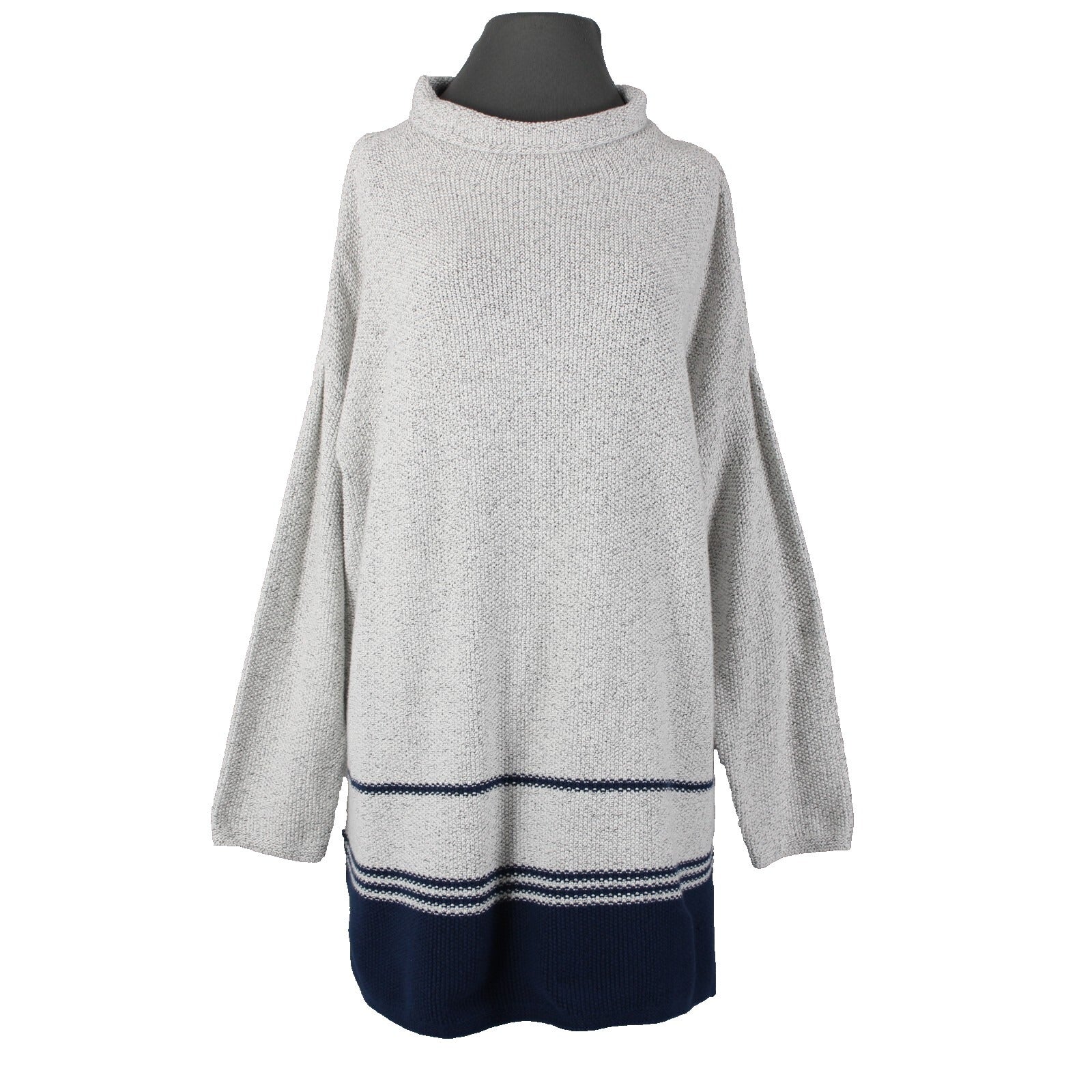 J Jill Sz L Gray Navy Blue Striped Collared Cotton Polyester Acrylic Sweater