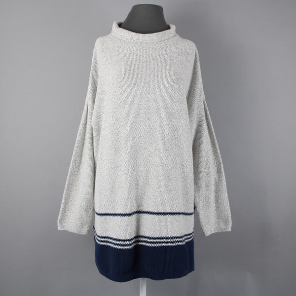 J Jill Sz L Gray Navy Blue Striped Collared Cotton Polyester Acrylic Sweater