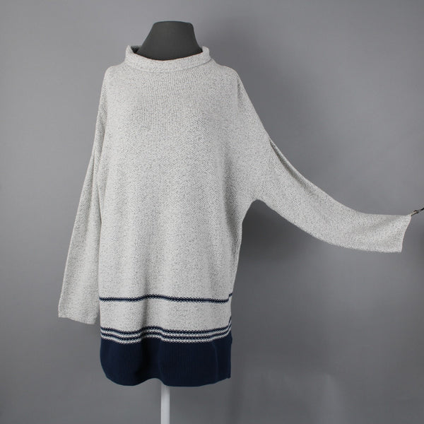 J Jill Sz L Gray Navy Blue Striped Collared Cotton Polyester Acrylic Sweater