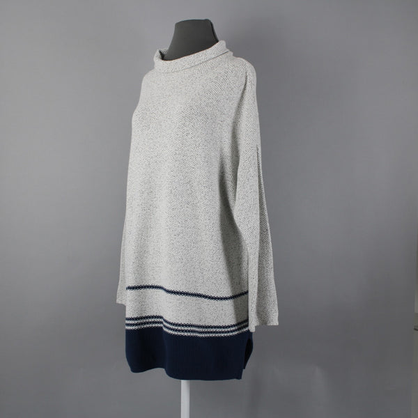J Jill Sz L Gray Navy Blue Striped Collared Cotton Polyester Acrylic Sweater