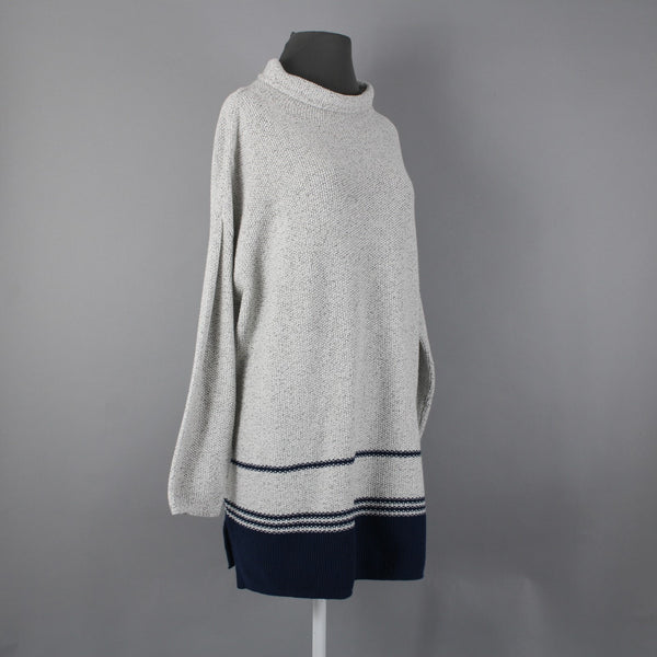 J Jill Sz L Gray Navy Blue Striped Collared Cotton Polyester Acrylic Sweater