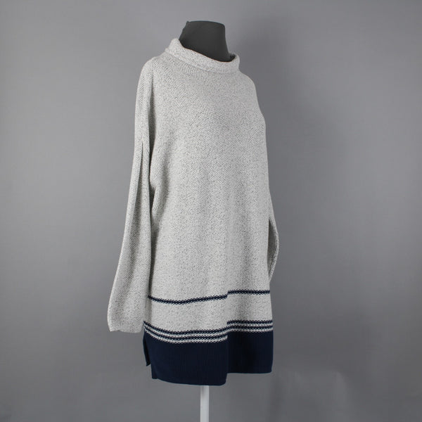 J Jill Sz L Gray Navy Blue Striped Collared Cotton Polyester Acrylic Sweater