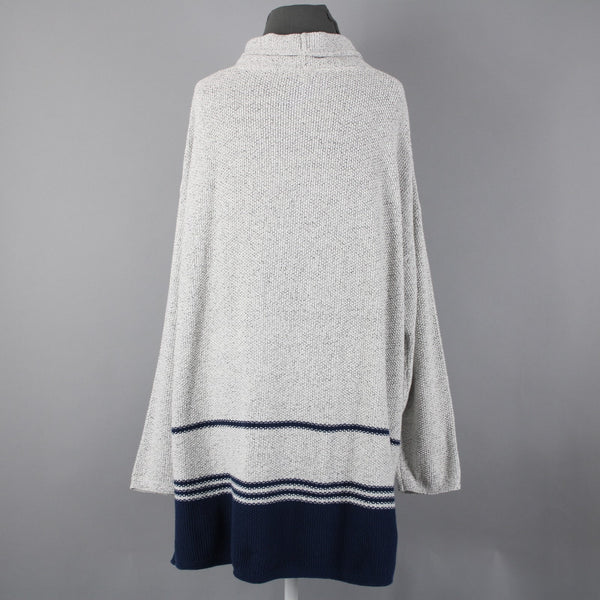 J Jill Sz L Gray Navy Blue Striped Collared Cotton Polyester Acrylic Sweater