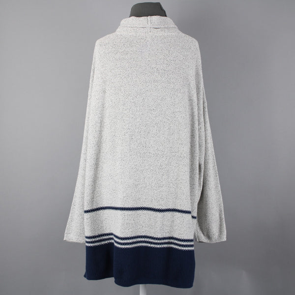 J Jill Sz L Gray Navy Blue Striped Collared Cotton Polyester Acrylic Sweater