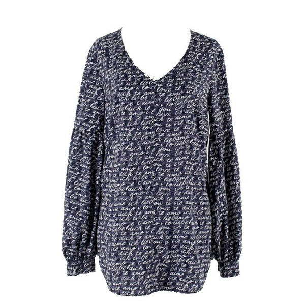 CAbi Sz S Navy Blue Multi Bishop Sleeve Round Hem Pullover 100% Polyester Top