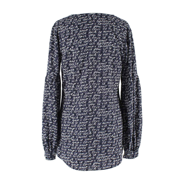 CAbi Sz S Navy Blue Multi Bishop Sleeve Round Hem Pullover 100% Polyester Top