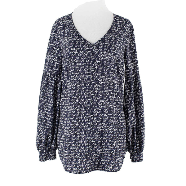 CAbi Sz S Navy Blue Multi Bishop Sleeve Round Hem Pullover 100% Polyester Top