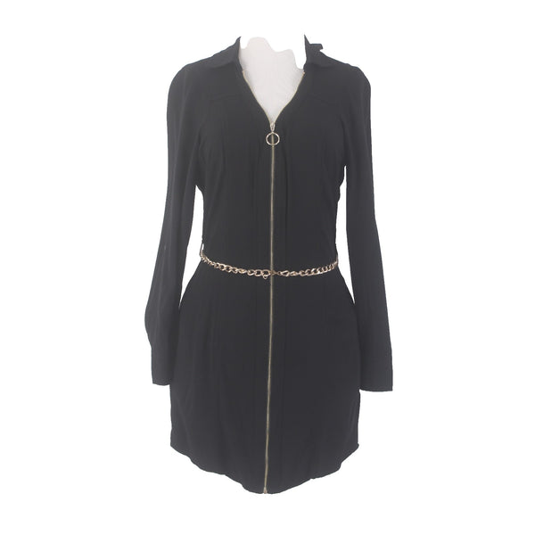 Guess Dress Sz S Black Gold Hardware Belted Chain Full Zip 100% Viscose Dress