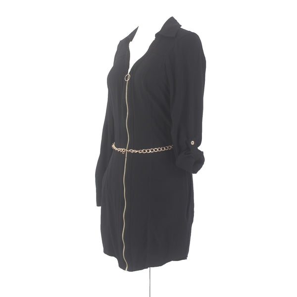 Guess Dress Sz S Black Gold Hardware Belted Chain Full Zip 100% Viscose Dress