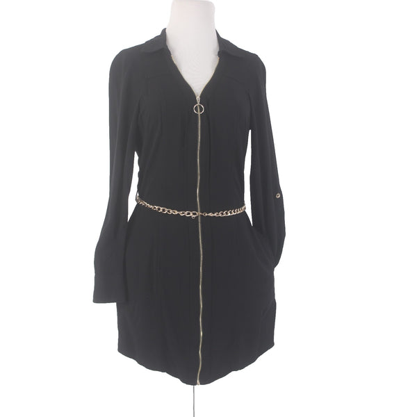 Guess Dress Sz S Black Gold Hardware Belted Chain Full Zip 100% Viscose Dress