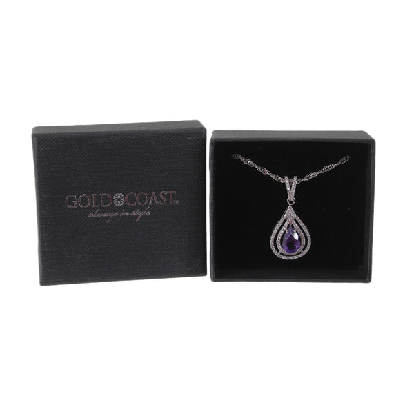 Gold Coast Necklace Platinum Plated Amethyst Tear Drop Shape 17" Ext 3" Necklace