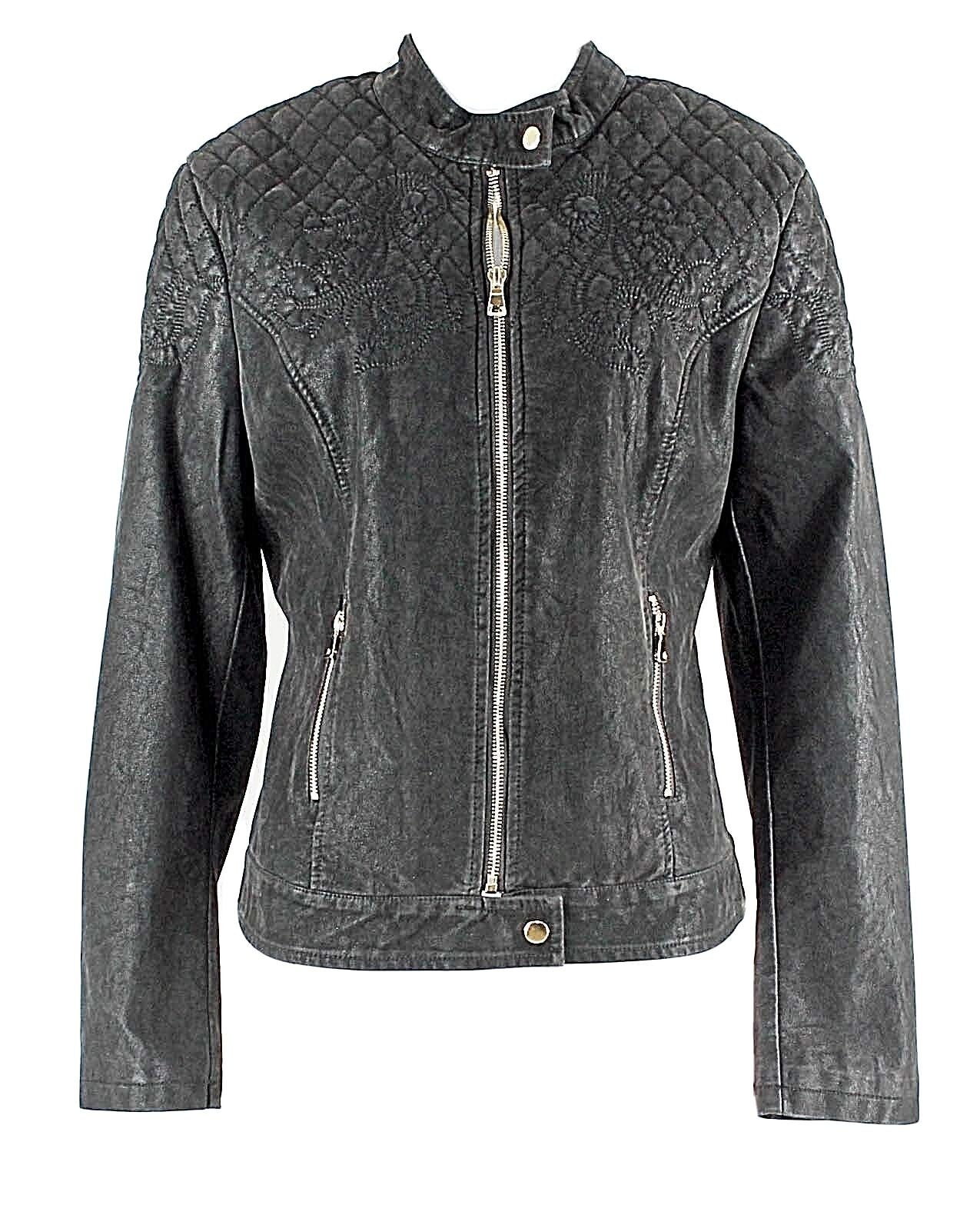 LAL NEW Sz L Black Gold Zip Quilt Stitched PU Polyester Moto Jacket