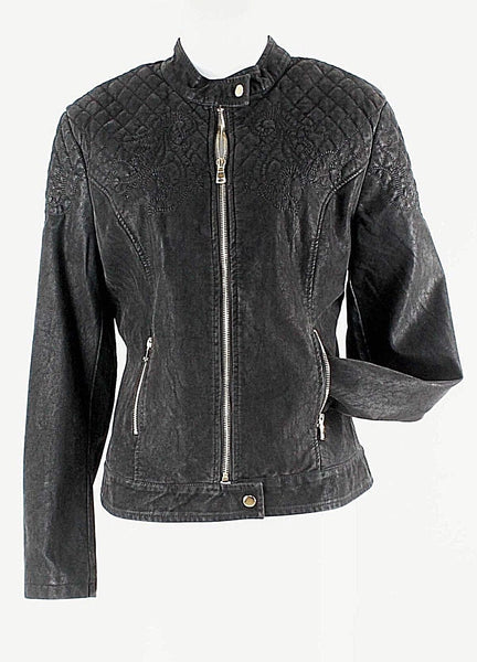 LAL NEW Sz L Black Gold Zip Quilt Stitched PU Polyester Moto Jacket