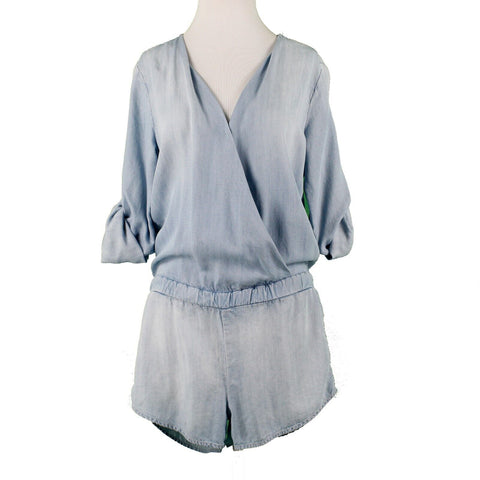 Cloth & Stone Sz S Blue Chambray V Neck Tab Sleeve 100% Tencel Lyocell Romper