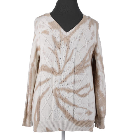 Wonderly NEW $55 Tan Cream Twist Adore Texture V Neck Cotton Rayon Sweater