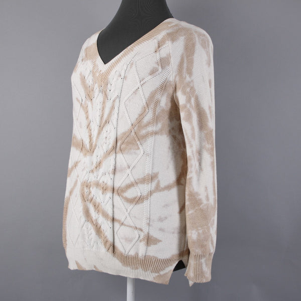 Wonderly NEW $55 Tan Cream Twist Adore Texture V Neck Cotton Rayon Sweater
