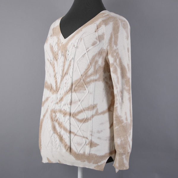 Wonderly NEW $55 Tan Cream Twist Adore Texture V Neck Cotton Rayon Sweater
