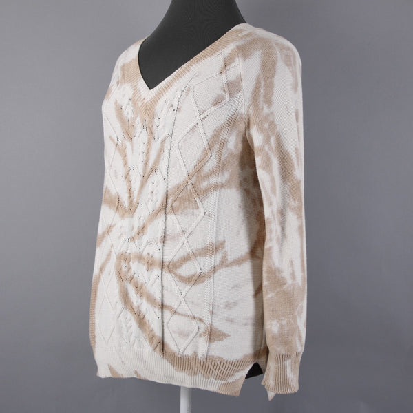 Wonderly NEW $55 Tan Cream Twist Adore Texture V Neck Cotton Rayon Sweater
