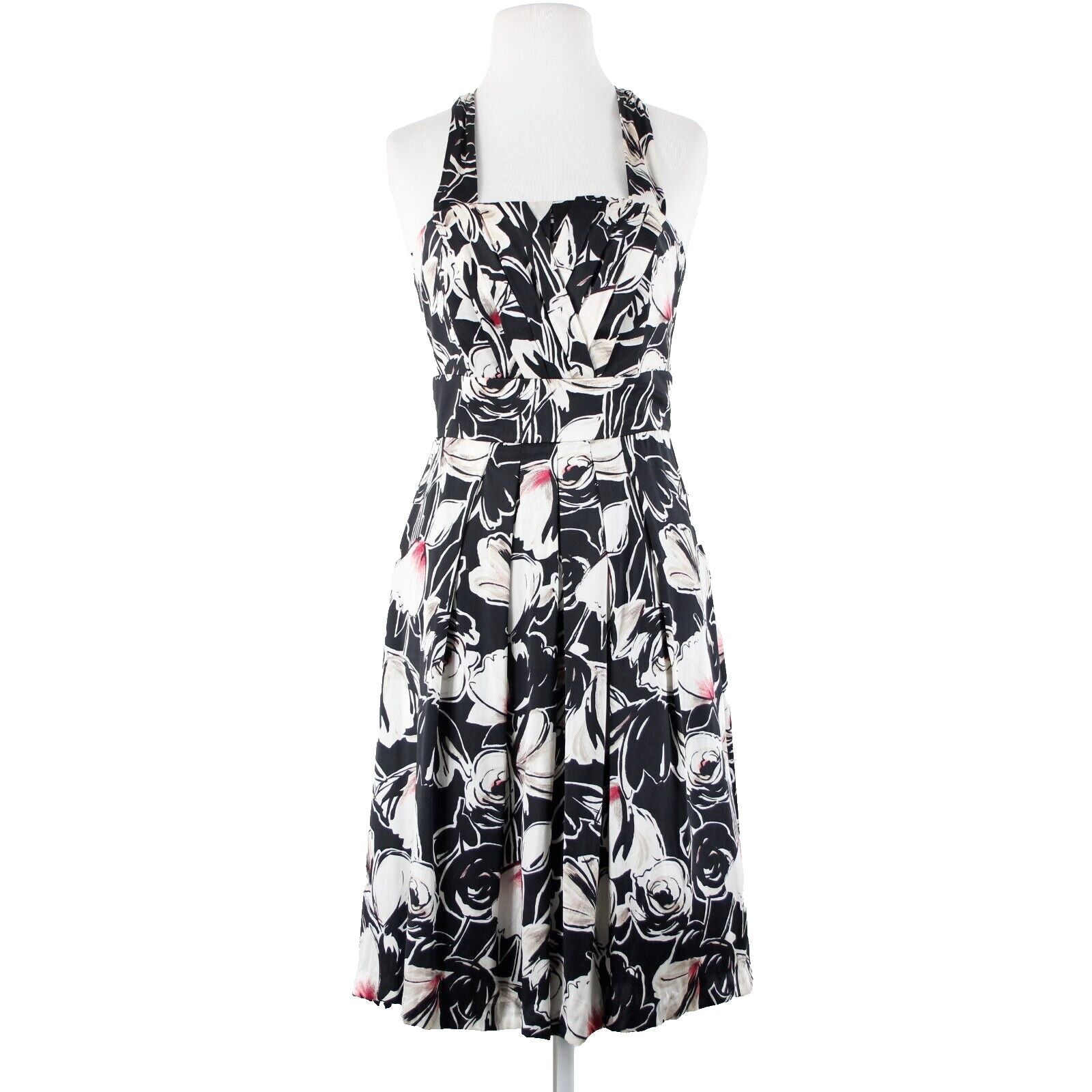 White House Black Market Sz 2 Black White Floral Halter Lined 100% Silk Dress