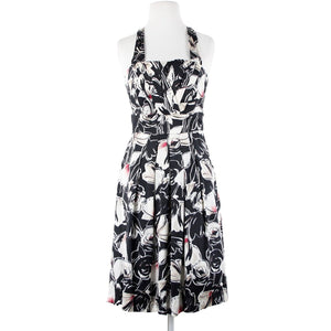 White House Black Market Sz 2 Black White Floral Halter Lined 100% Silk Dress
