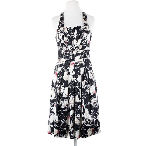 White House Black Market Sz 2 Black White Floral Halter Lined 100% Silk Dress