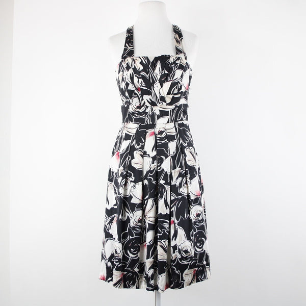 White House Black Market Sz 2 Black White Floral Halter Lined 100% Silk Dress