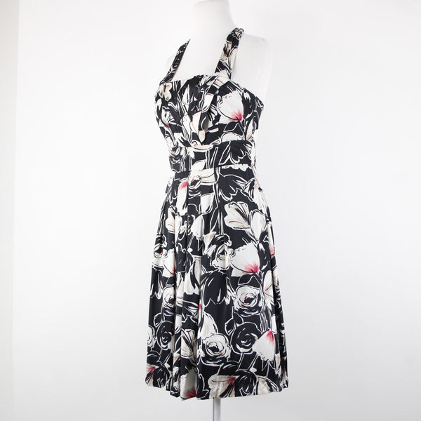 White House Black Market Sz 2 Black White Floral Halter Lined 100% Silk Dress
