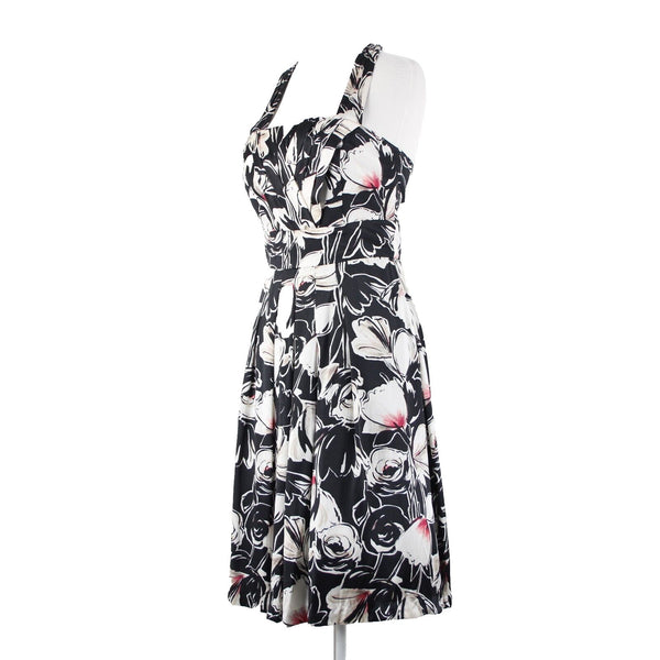 White House Black Market Sz 2 Black White Floral Halter Lined 100% Silk Dress