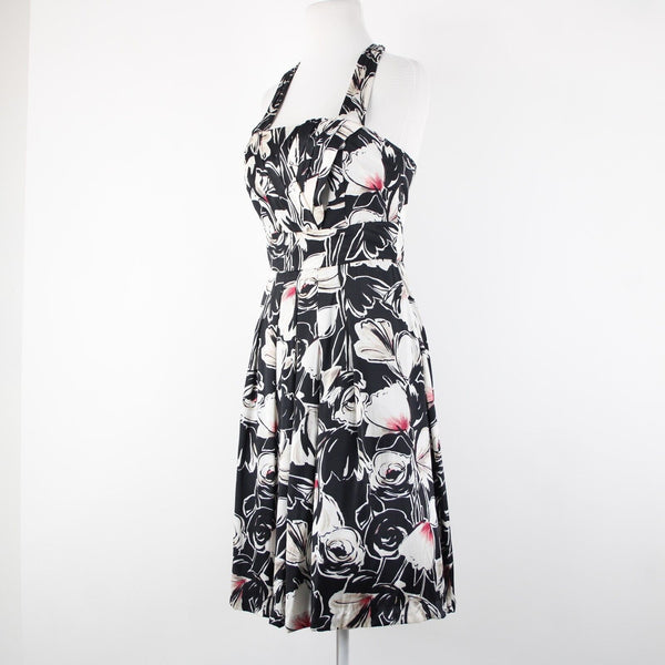 White House Black Market Sz 2 Black White Floral Halter Lined 100% Silk Dress