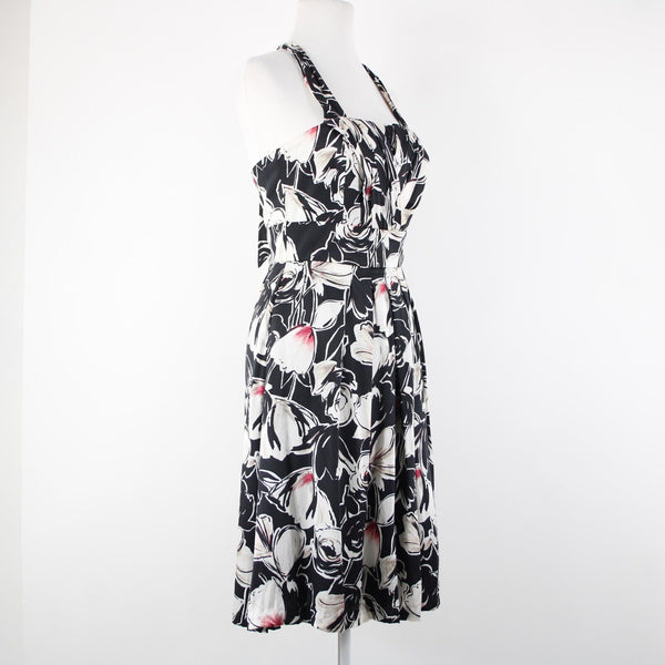 White House Black Market Sz 2 Black White Floral Halter Lined 100% Silk Dress