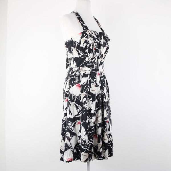 White House Black Market Sz 2 Black White Floral Halter Lined 100% Silk Dress