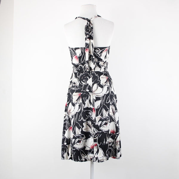White House Black Market Sz 2 Black White Floral Halter Lined 100% Silk Dress