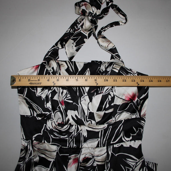 White House Black Market Sz 2 Black White Floral Halter Lined 100% Silk Dress